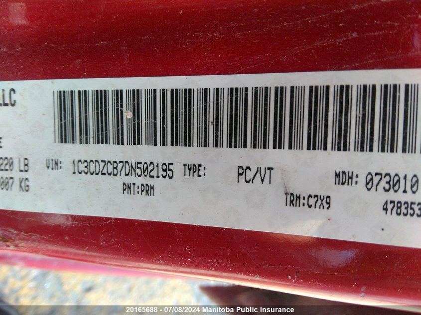 2013 Dodge Avenger Sxt VIN: 1C3CDZCB7DN502195 Lot: 20165688