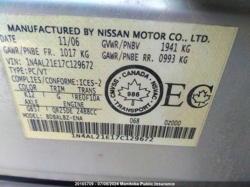 2007 Nissan Altima 2.5 S VIN: 1N4AL21E17C129672 Lot: 20165709