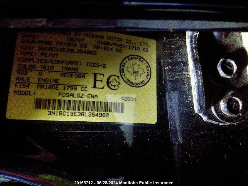 2008 Nissan Versa 1.8 Sl VIN: 3N1BC13E38L354982 Lot: 20165712