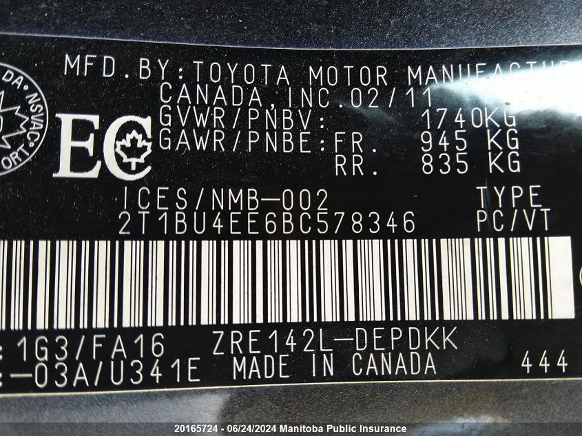 2011 Toyota Corolla Ce VIN: 2T1BU4EE6BC578346 Lot: 20165724