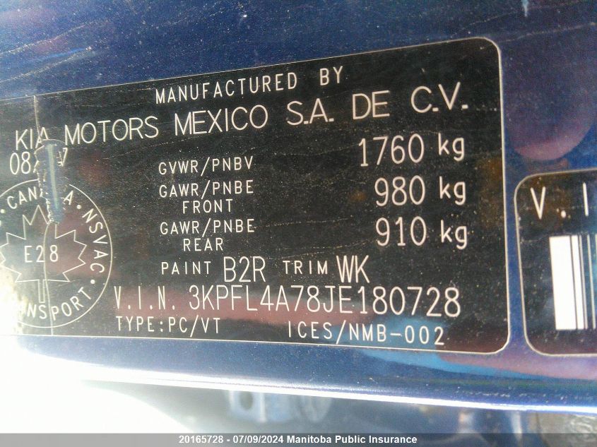 2018 Kia Forte Lx VIN: 3KPFL4A78JE180728 Lot: 20165728
