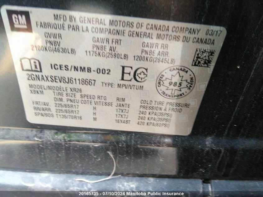 2018 Chevrolet Equinox Lt VIN: 2GNAXSEV8J6118667 Lot: 20165735
