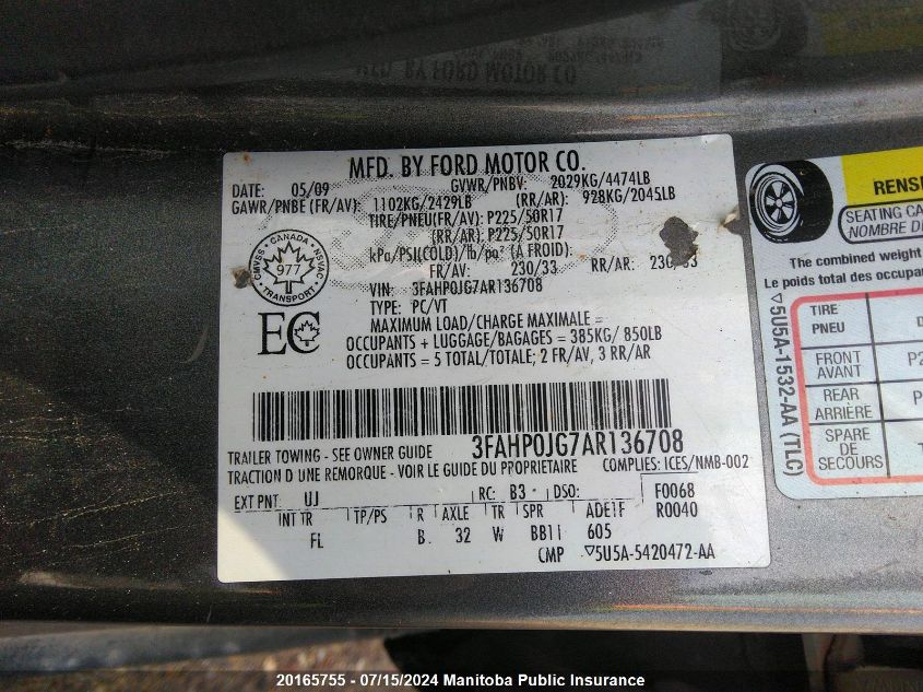 2010 Ford Fusion Sel V6 VIN: 3FAHP0JG7AR136708 Lot: 20165755