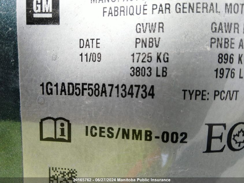 2010 Chevrolet Cobalt Lt VIN: 1G1AD5F58A7134734 Lot: 20165762