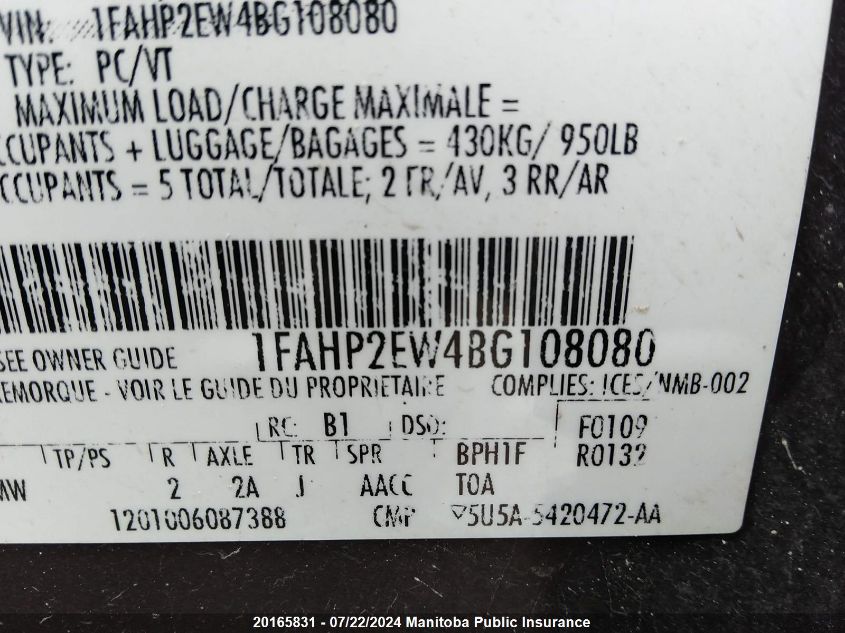 2011 Ford Taurus Sel VIN: 1FAHP2EW4BG108080 Lot: 20165831