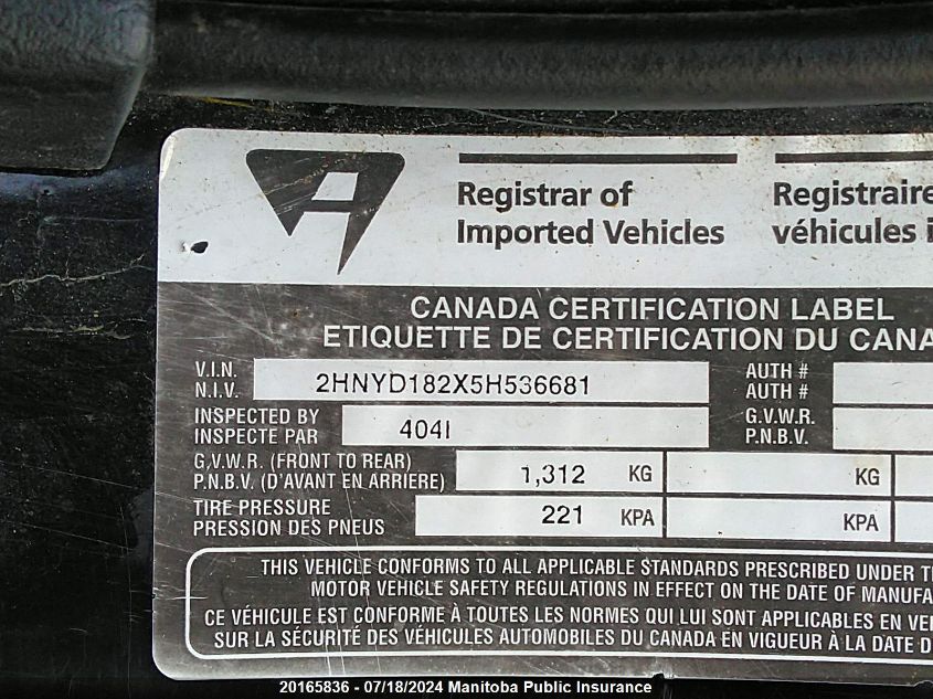 2005 Acura Mdx VIN: 2HNYD182X5H536681 Lot: 20165836