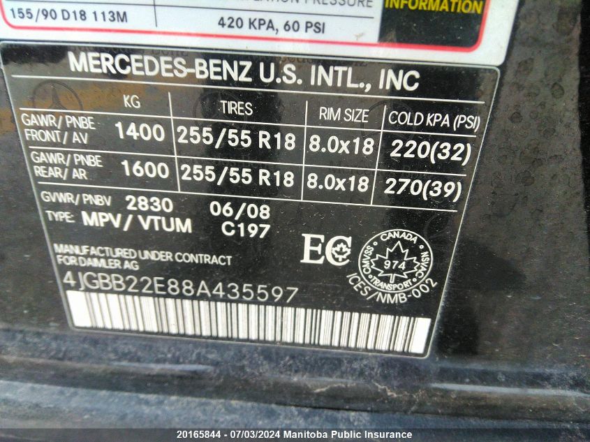 2008 Mercedes Benz Ml320 Cdi VIN: 4JGBB22E88A435597 Lot: 20165844