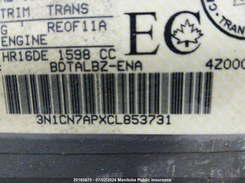 2012 Nissan Versa 1.6 Sv VIN: 3N1CN7APXCL853731 Lot: 20165875