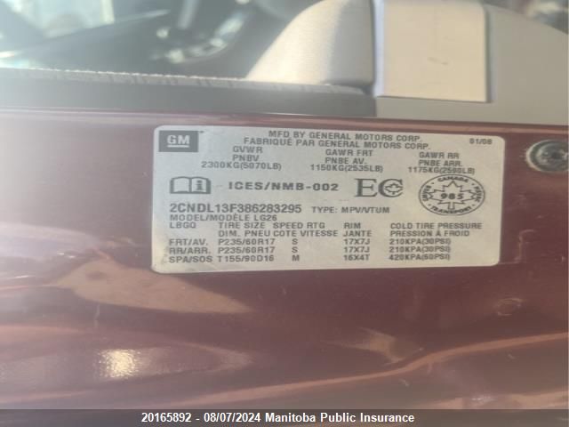 2008 Chevrolet Equinox Ls V6 VIN: 2CNDL13F386283295 Lot: 20165892