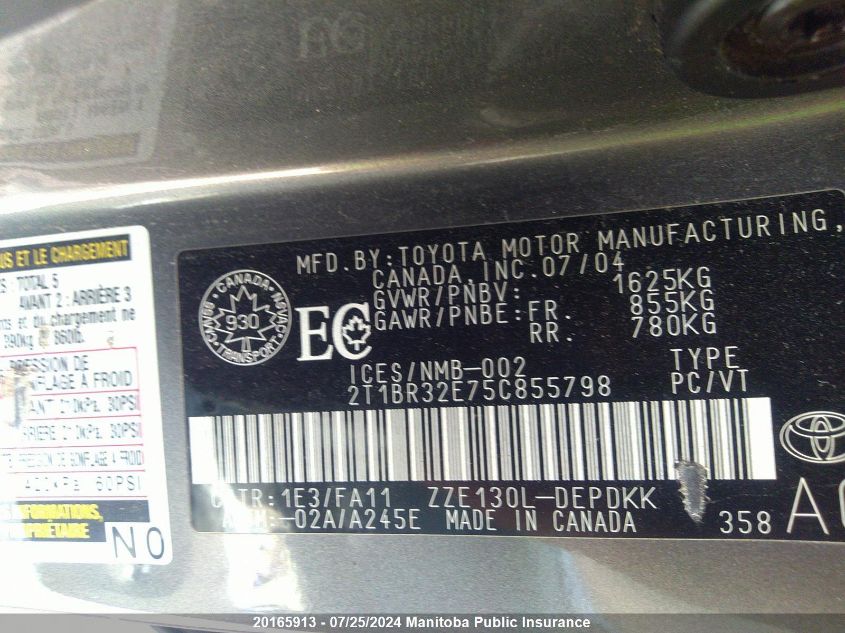 2005 Toyota Corolla Ce VIN: 2T1BR32E75C855798 Lot: 20165913