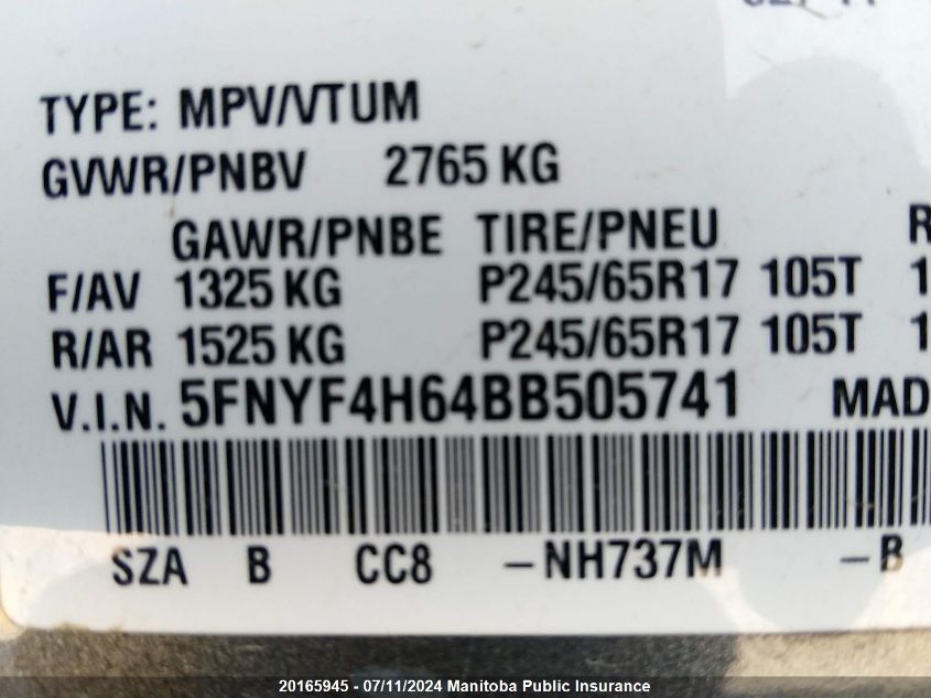 2011 Honda Pilot Ex-L VIN: 5FNYF4H64BB505741 Lot: 20165945