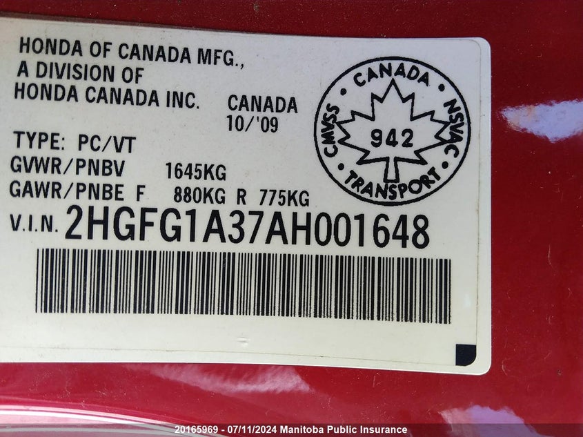 2010 Honda Civic Dx-G VIN: 2HGFG1A37AH001648 Lot: 20165969