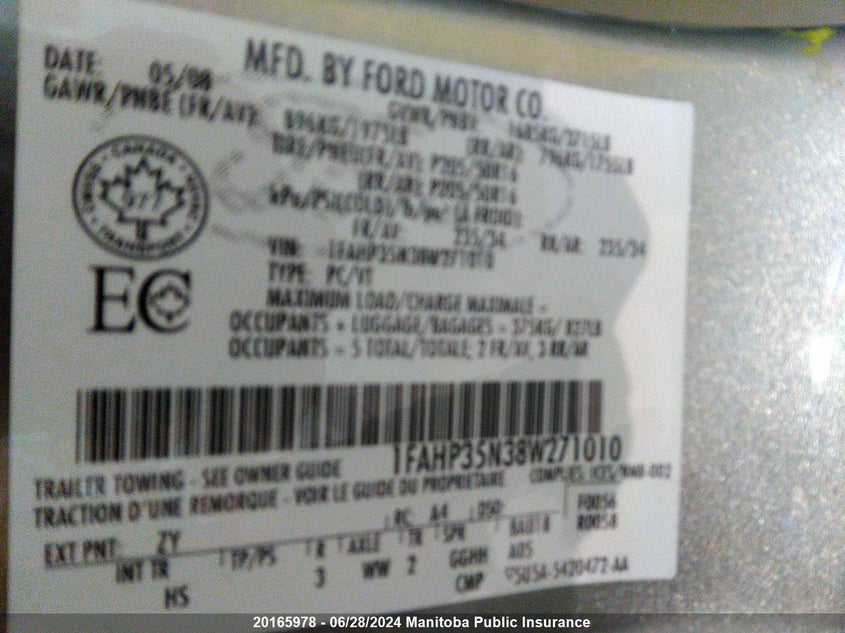 2008 Ford Focus Ses VIN: 1FAHP35N38W271010 Lot: 20165978