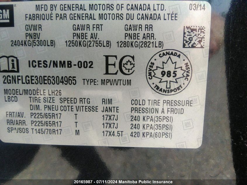 2014 Chevrolet Equinox Lt V6 VIN: 2GNFLGE30E6304965 Lot: 20165987