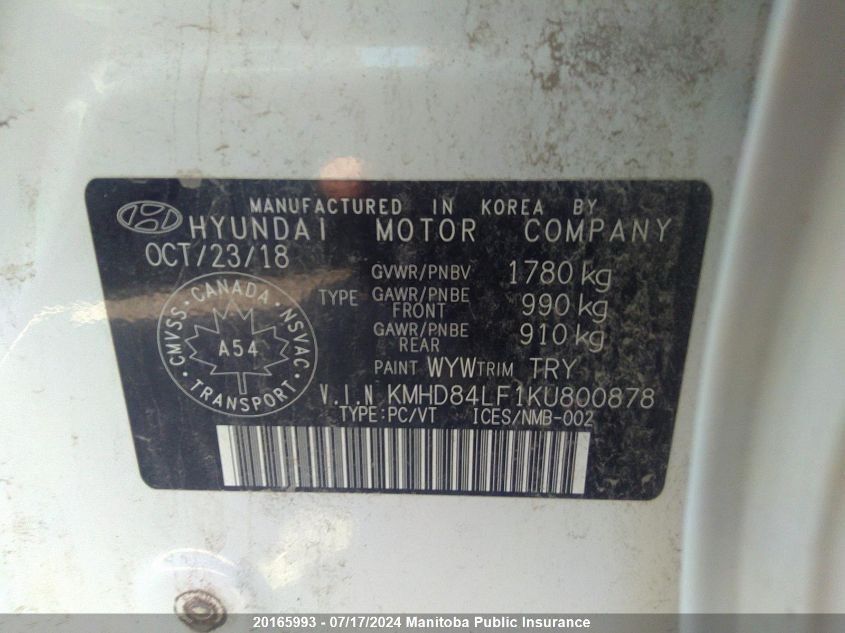 2019 Hyundai Elantra Preferred VIN: KMHD84LF1KU800878 Lot: 20165993