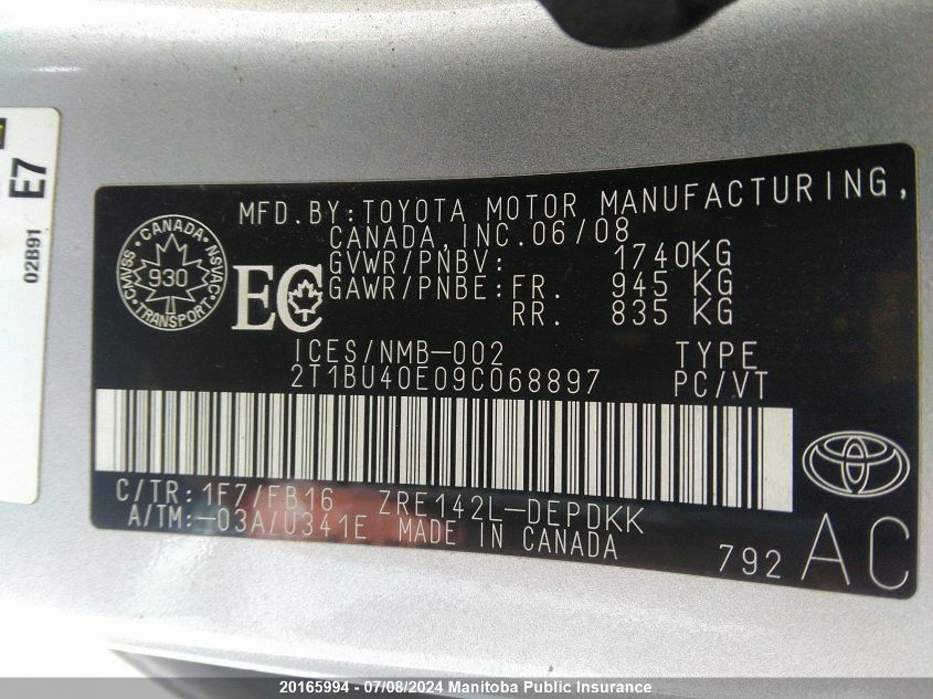 2009 Toyota Corolla Ce VIN: 2T1BU40E09C068897 Lot: 20165994