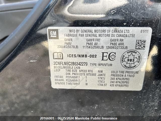 2011 Chevrolet Equinox Lt VIN: 2CNFLNEC2B6342279 Lot: 20166001