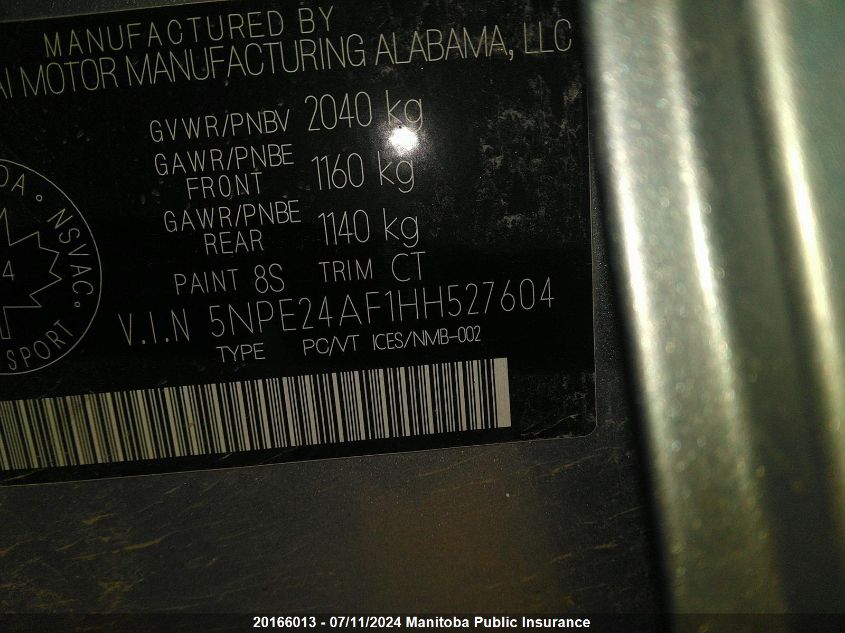 2017 Hyundai Sonata Gl VIN: 5NPE24AF1HH527604 Lot: 20166013