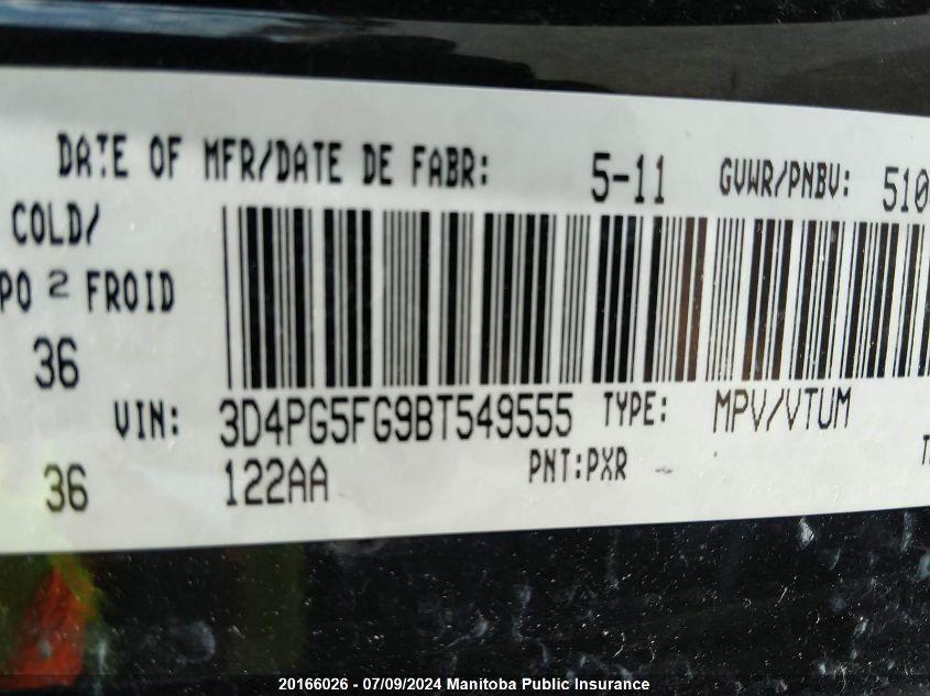 2011 Dodge Journey Sxt VIN: 3D4PG5FG9BT549555 Lot: 20166026