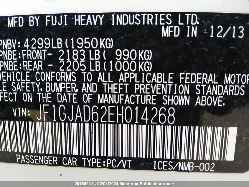 2014 Subaru Impreza 2.0I VIN: JF1GJAD62EH014268 Lot: 20166031