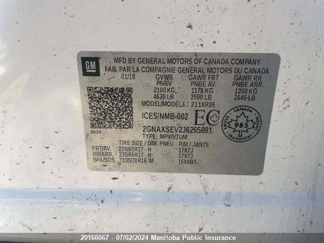 2018 Chevrolet Equinox Lt VIN: 2GNAXSEV2J6265891 Lot: 20166067