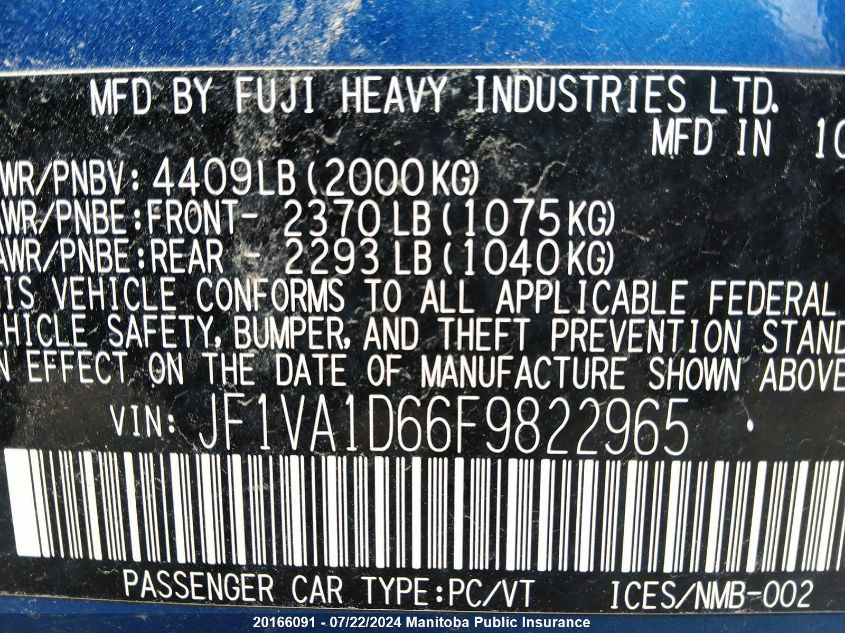 2015 Subaru Impreza Wrx VIN: JF1VA1D66F9822965 Lot: 20166091