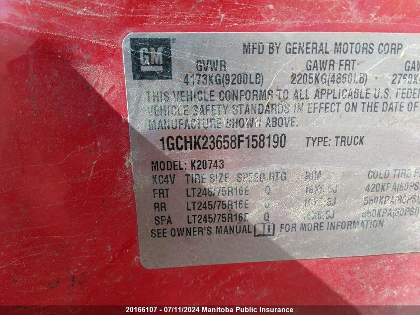 2008 Chevrolet Silverado K2500 Heavy Duty VIN: 1GCHK23658F158190 Lot: 20166107