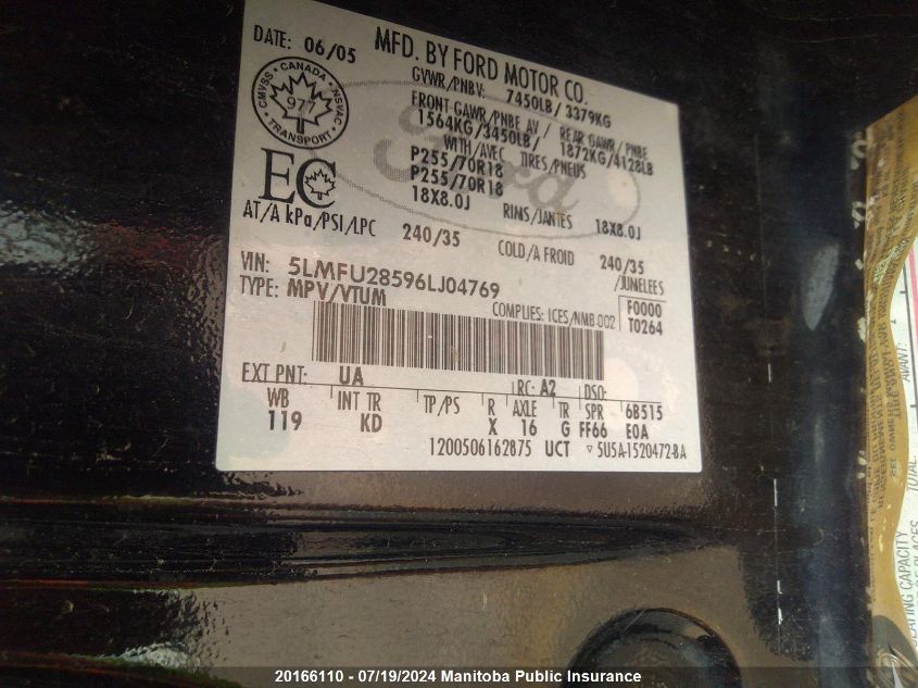 2006 Lincoln Navigator VIN: 5LMFU28596LJ04769 Lot: 20166110