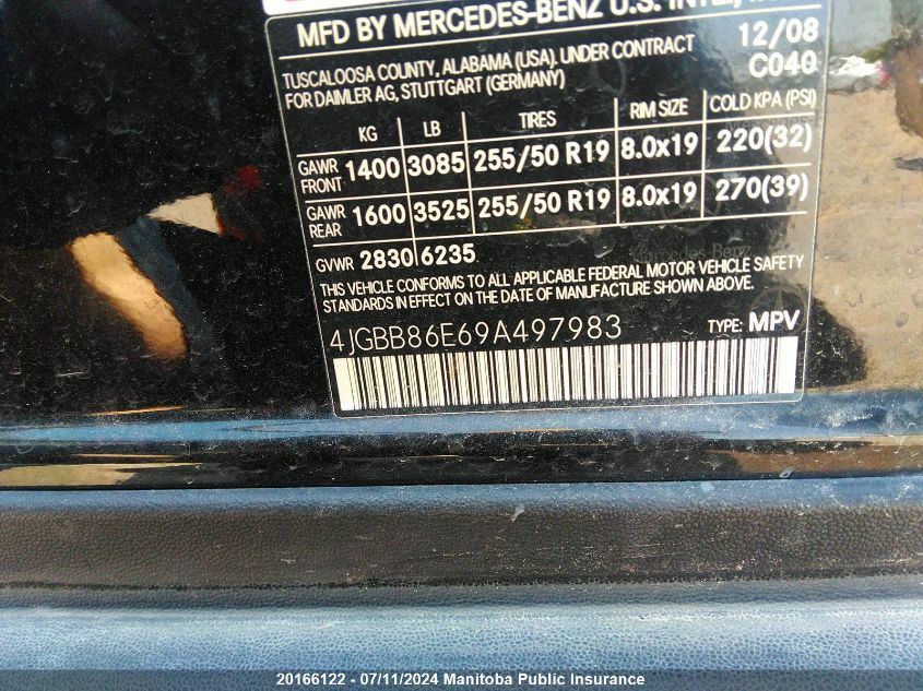 2009 Mercedes Benz Ml350 VIN: 4JGBB86E69A497983 Lot: 20166122