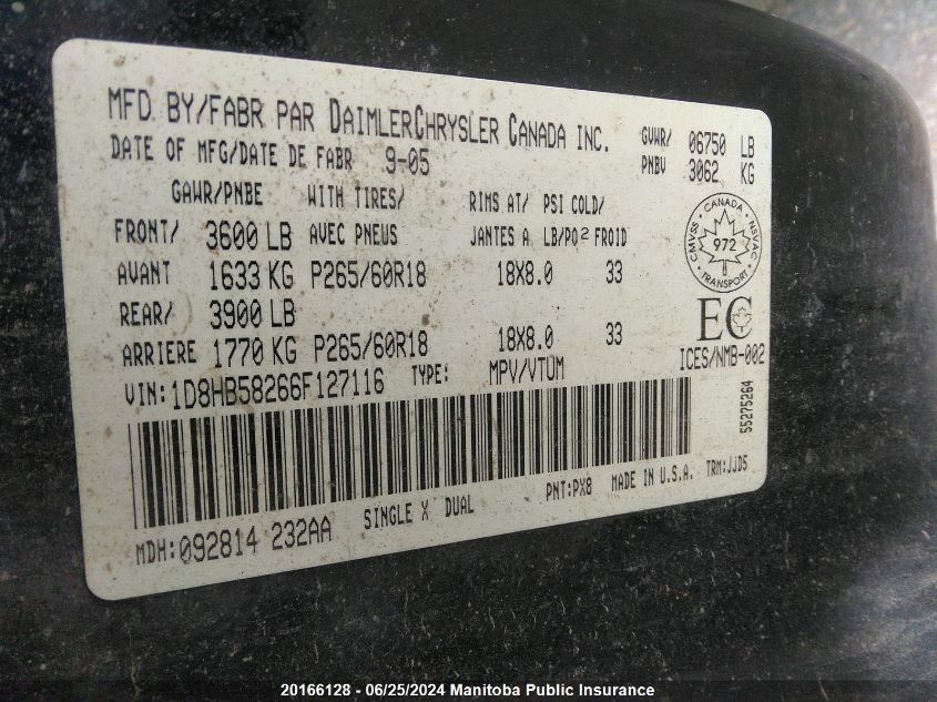 2006 Dodge Durango Limited VIN: 1D8HB58266F127116 Lot: 20166128