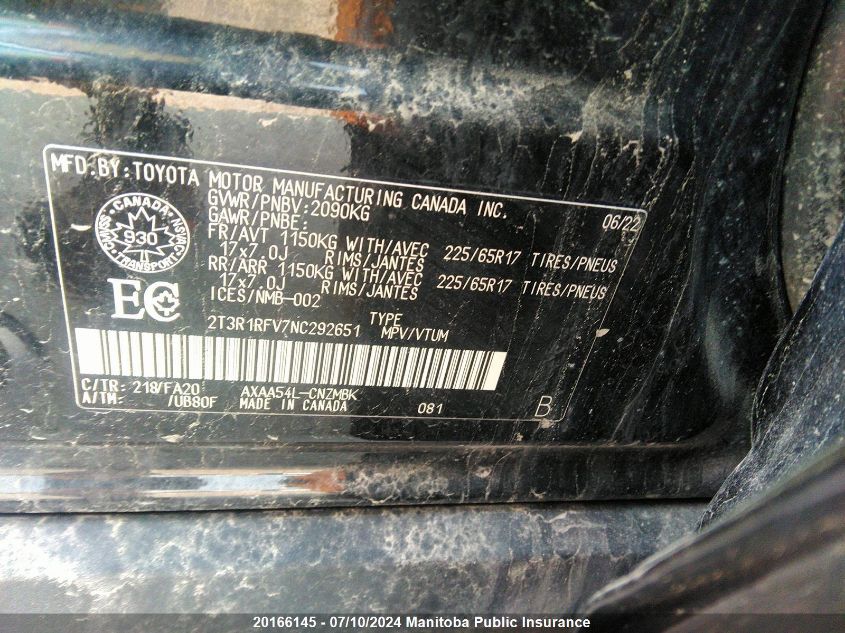 2022 Toyota Rav4 Xle VIN: 2T3R1RFV7NC292651 Lot: 20166145