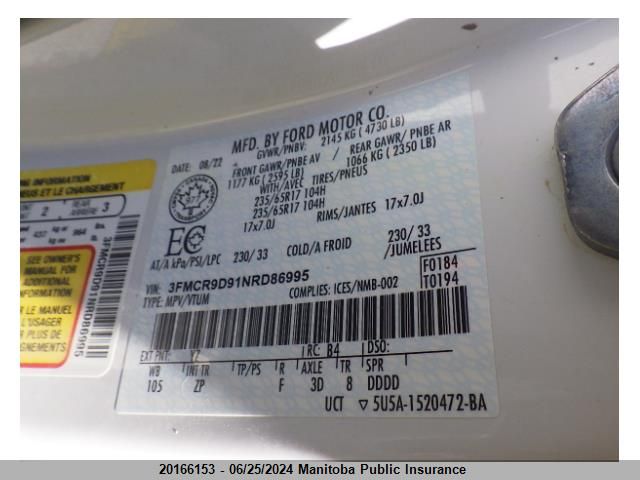 2022 Ford Bronco Sport Badlands VIN: 3FMCR9D91NRD86995 Lot: 20166153