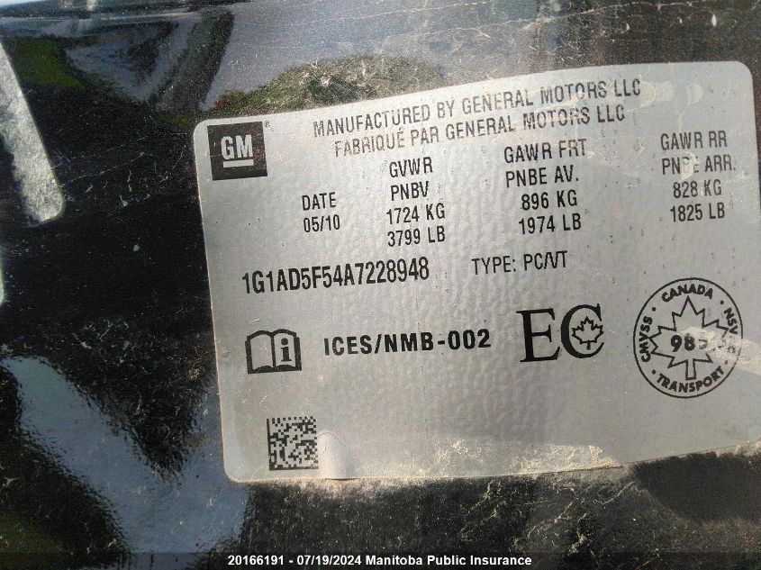 2010 Chevrolet Cobalt Lt VIN: 1G1AD5F54A7228948 Lot: 20166191