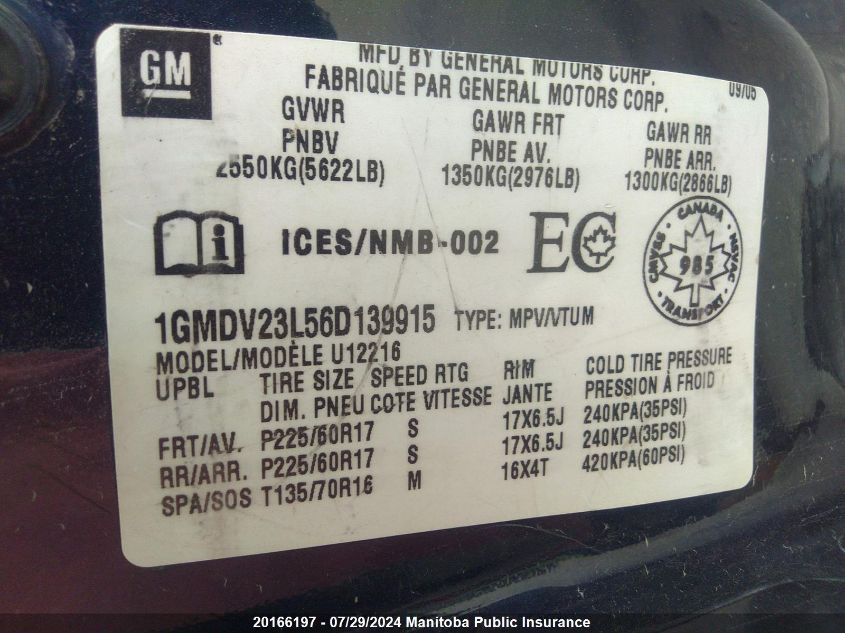 2006 Pontiac Montana Sv6 Ext VIN: 1GMDV23L56D139915 Lot: 20166197