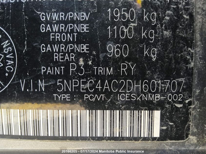 2013 Hyundai Sonata Limited VIN: 5NPEC4AC2DH601707 Lot: 20166205