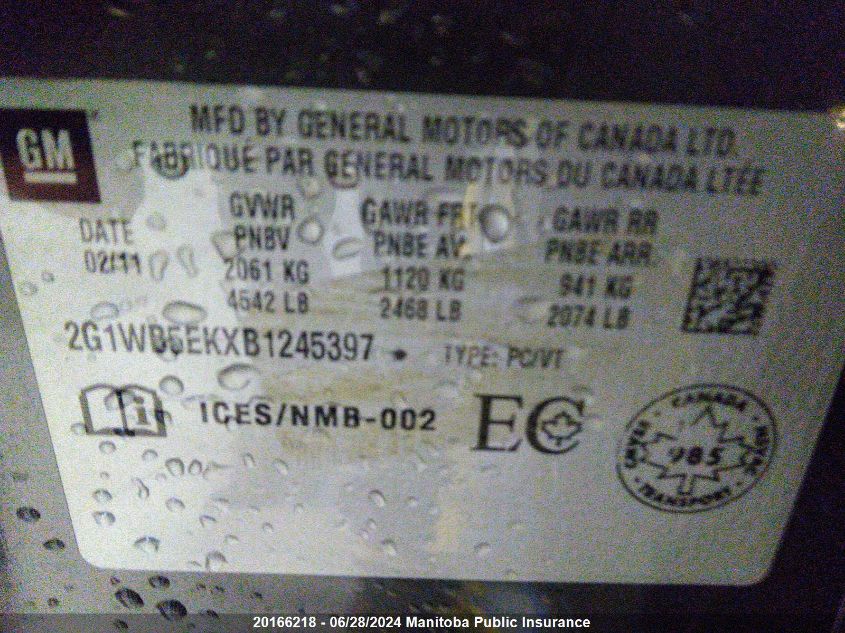 2011 Chevrolet Impala Lt V6 VIN: 2G1WB5EKXB1245397 Lot: 20166218