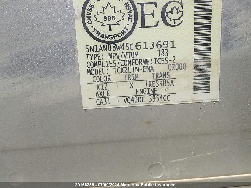 2005 Nissan Xterra Se VIN: 5N1AN08W45C613691 Lot: 20166236