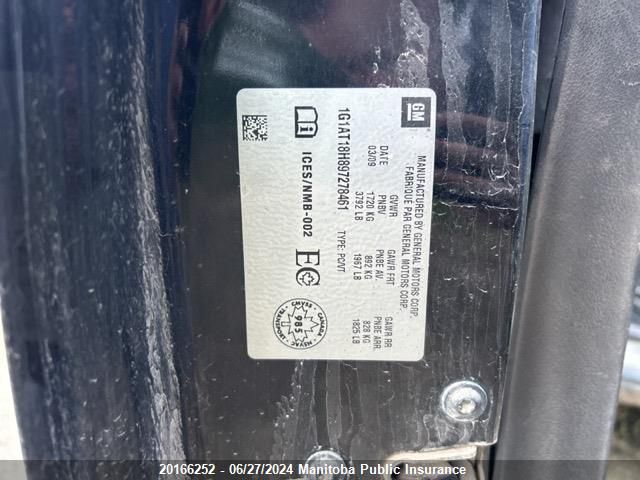 2009 Chevrolet Cobalt Lt VIN: 1G1AT18H897278461 Lot: 20166252