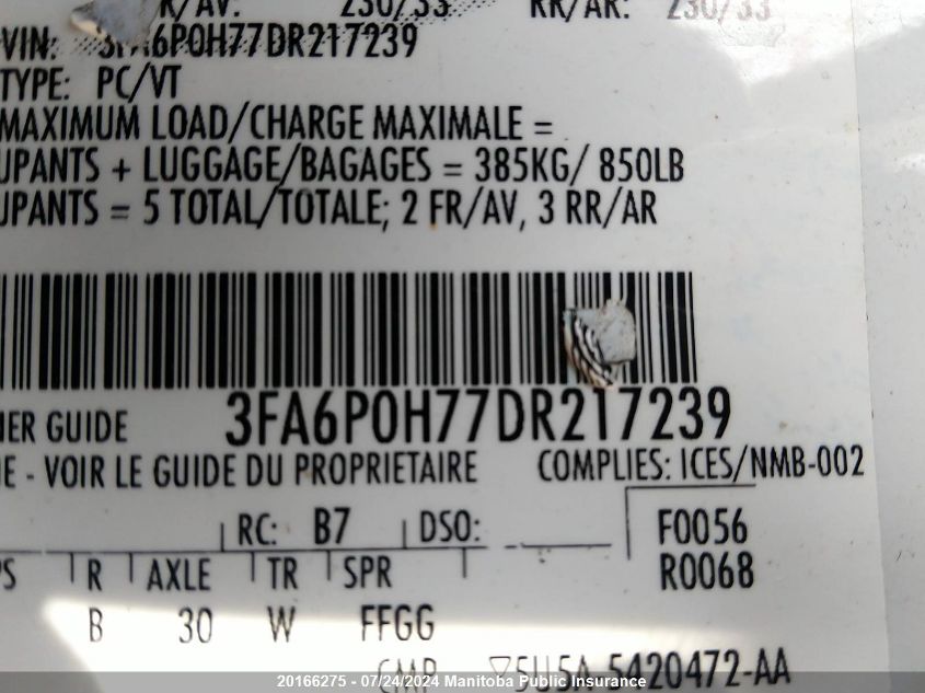 2013 Ford Fusion Se VIN: 3FA6P0H77DR217239 Lot: 20166275