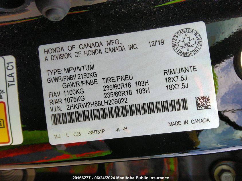 2020 Honda Cr-V Ex-L VIN: 2HKRW2H88LH209022 Lot: 20166277