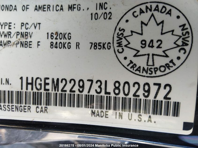2003 Honda Civic Si VIN: 1HGEM22973L802972 Lot: 20166278