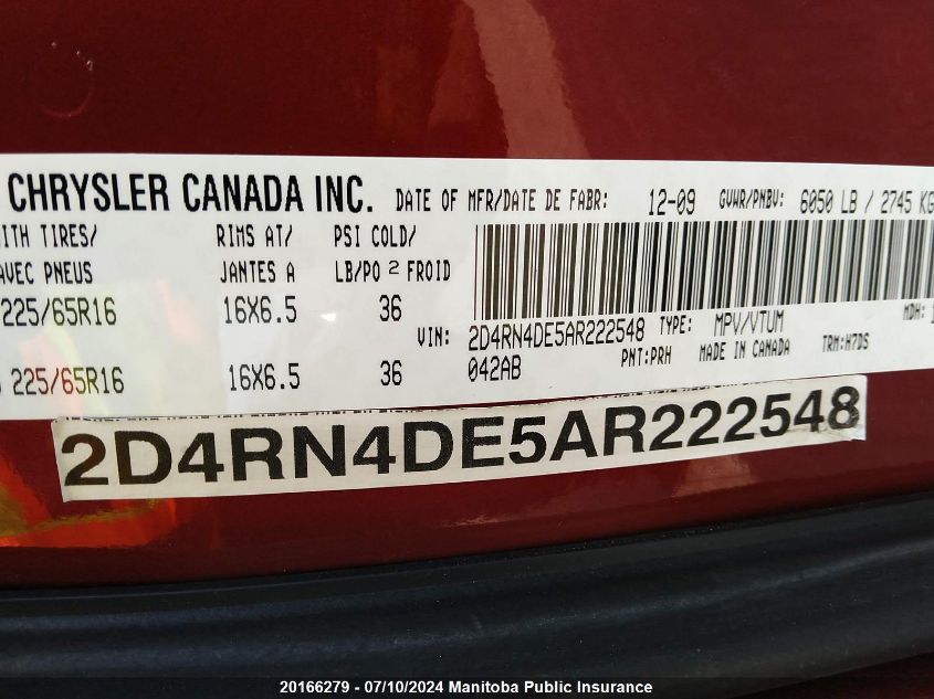 2010 Dodge Grand Caravan Se VIN: 2D4RN4DE5AR222548 Lot: 20166279