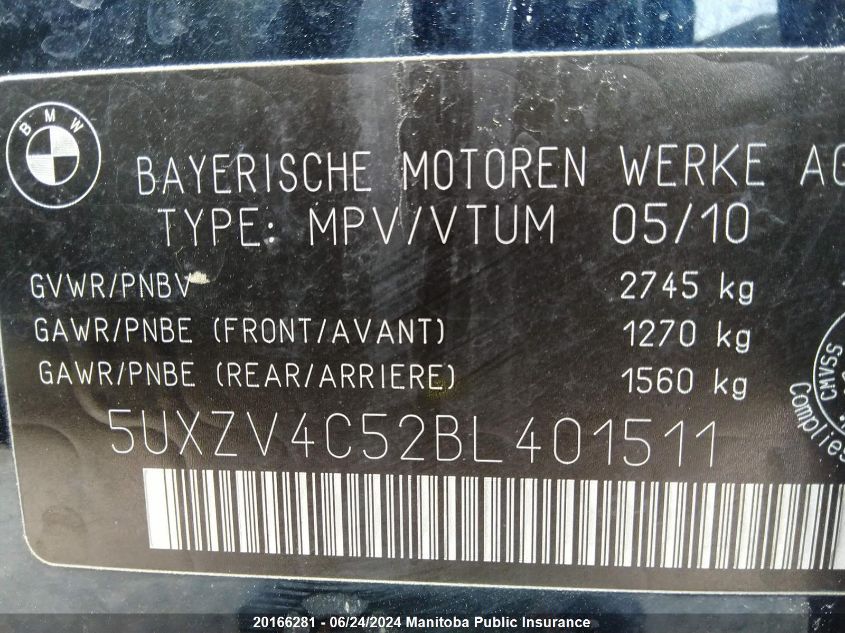 2011 BMW X5 35I VIN: 5UXZV4C52BL401511 Lot: 20166281