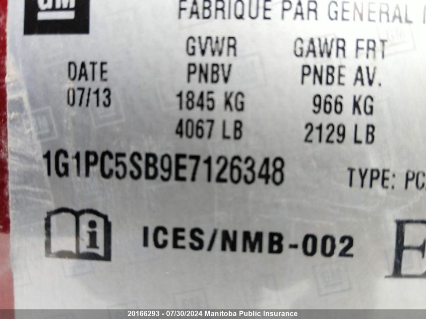 2014 Chevrolet Cruze Lt Turbo VIN: 1G1PC5SB9E7126348 Lot: 20166293