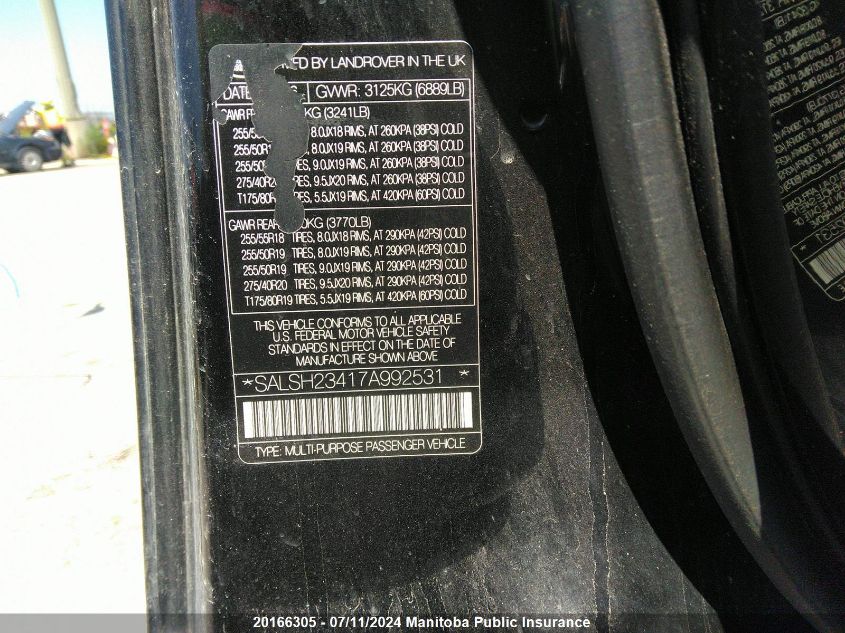 2007 Land Rover Range Rover Sport Supercharged VIN: SALSH23417A992531 Lot: 20166305