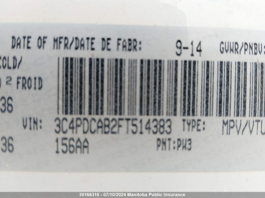 2015 Dodge Journey Se VIN: 3C4PDCAB2FT514383 Lot: 20166316