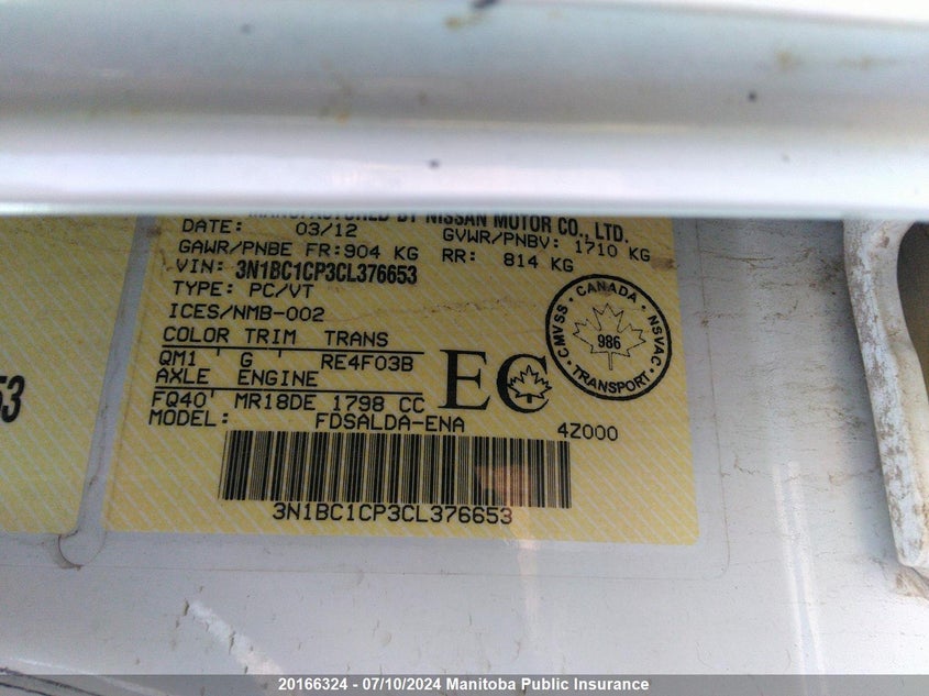 2012 Nissan Versa 1.8 S VIN: 3N1BC1CP3CL376653 Lot: 20166324