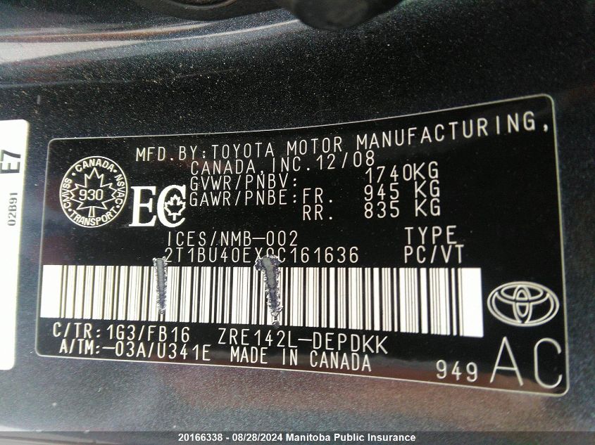 2009 Toyota Corolla Ce VIN: 2T1BU40EX9C161636 Lot: 20166338