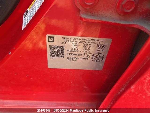 2018 Chevrolet Cruze Lt Turbo VIN: 1G1BE5SM4J7223540 Lot: 20166349