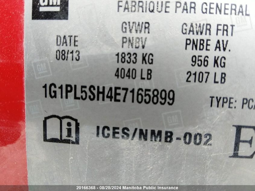 2014 Chevrolet Cruze Ls VIN: 1G1PL5SH4E7165899 Lot: 20166368